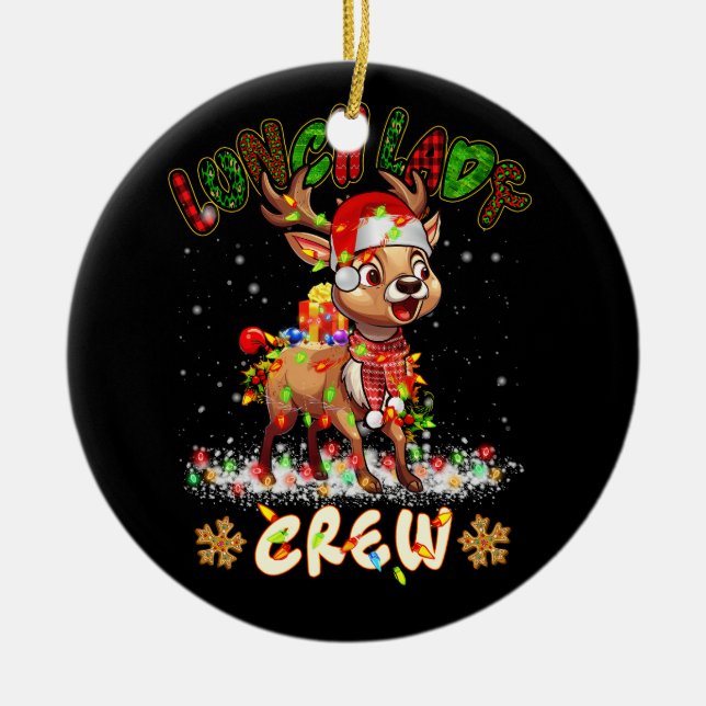 Adorno De Cerámica Lunch Lady Crew Reindee Con Navidades De Santa Hat (Frente)