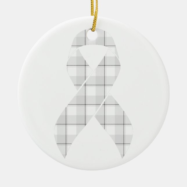 Adorno De Cerámica Lung Cancer Awareness Plaid White Ribbon (Frente)