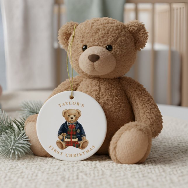 Adorno De Cerámica Luxe Preppy Plaid Teddy Bear | 1st Christmas (Subido por el creador)