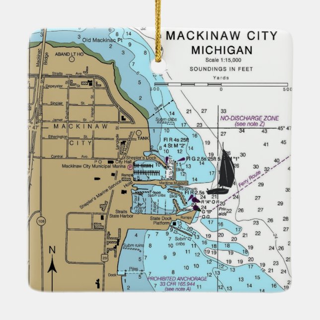 Adorno De Cerámica Mackinaw City MI Gráfico Náutico (Reverso)