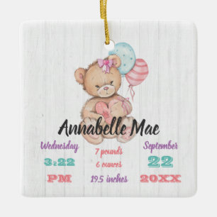 Adorno De Cerámica Madera Blanca y Oso Teddy Bear Niña Nacimiento Kee