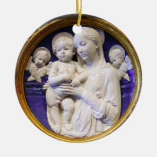 Adorno De Cerámica MADONA CON NIÑO Y ÁNGELES Zafiro Azul Redondo