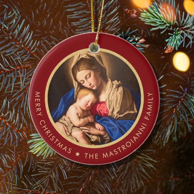 Adorno De Cerámica Madonna religiosa roja y de oro y Navidades infant (Red and gold religious Christmas ornament with Madonna and Child for Catholics and Christians)