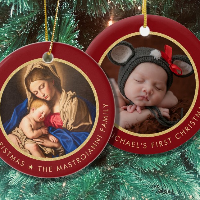 Adorno De Cerámica Madonna religiosa y los primeros Navidades del beb (Catholic Baby's 1st Christmas ornament with Madonna and Child in red and gold)