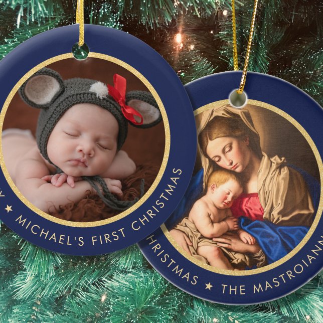 Adorno De Cerámica Madonna religiosa y los primeros Navidades del beb (Religious Baby's 1st Christmas in navy blue and gold with Madonna and Child)