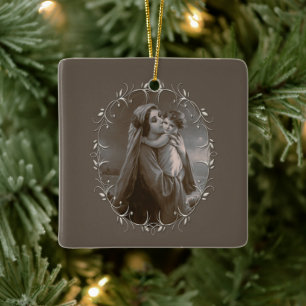 Adorno De Cerámica Madonna vintage y niño con marco plateado
