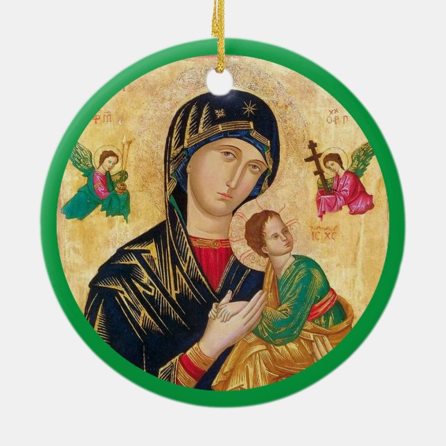 Adorno De Cerámica Madonna y Navidades infantiles y marco verde (Atrás)