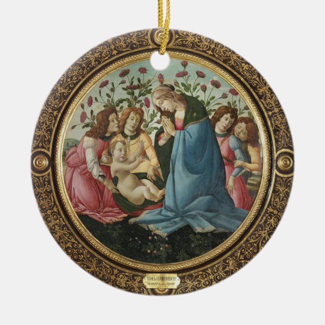 Adorno De Cerámica Madonna y Niño Botticelli 4 Ángeles Rosas Rojas (Frente)