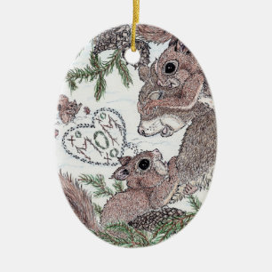 Adorno De Cerámica Madre ardilla y gatos
