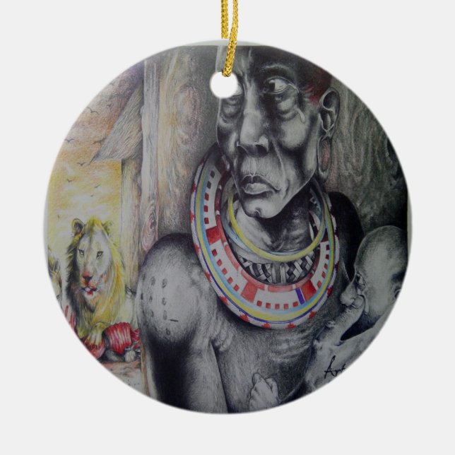 Adorno De Cerámica Madre e hijo masái con arte de león impreso/gráfic (Frente)