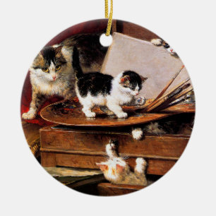 Adorno De Cerámica Madre gata y gatitos en la mesa