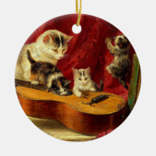 Adorno De Cerámica Madre gata y gatitos jugando con guitarra