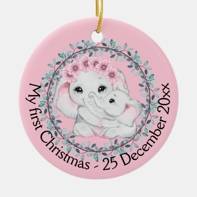 Adorno De Cerámica Madre hija primera foto elefante de Navidad (Frente)
