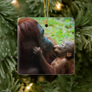 Adorno De Cerámica Madre orangután con bebé