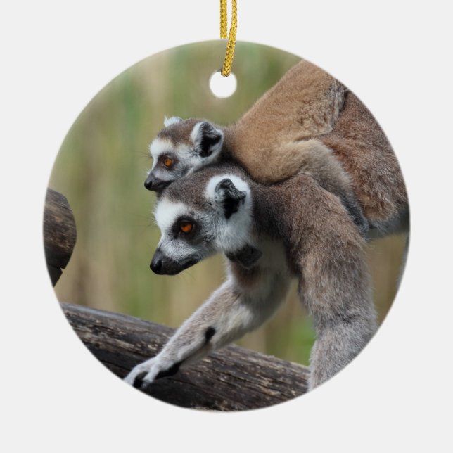 Adorno De Cerámica Madre Y Bebé De Lemur De Canto (Frente)