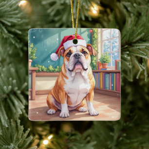 Adorno De Cerámica Maestro Bulldog Inglés Sombrero de Santa en el Aul
