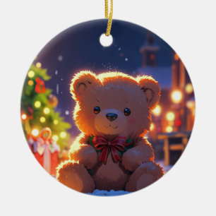 Adorno De Cerámica Magia de Navidad del Oso de Peluche en Pueblo Neva