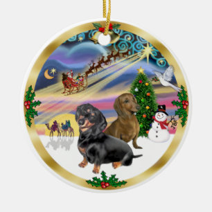 Adorno De Cerámica Magia de Navidad - Dos Dachshunds (negro y rojizo)