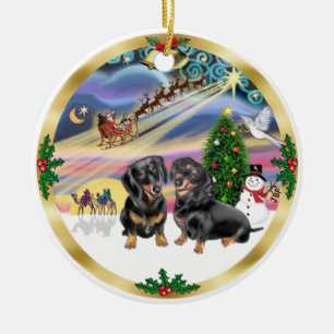 Adorno De Cerámica Magia de Navidad - Dos Dachshunds negros