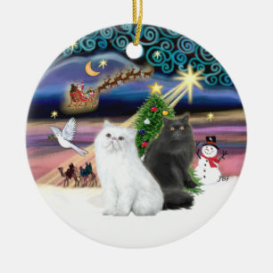 Adorno De Cerámica Magia de Navidad - Dos Gatos Persas (blanco + negr