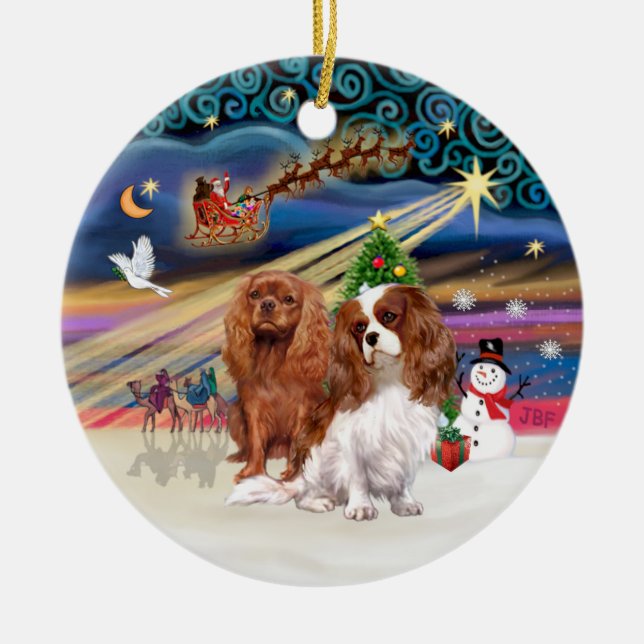 Adorno De Cerámica Mágica de Navidad - Cavaliers (dos-Ruby-Blenheim) (Frente)