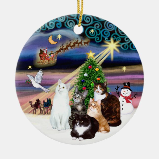 Adorno De Cerámica Mágica de Navidad - Cinco gatos (ASH) (Frente)