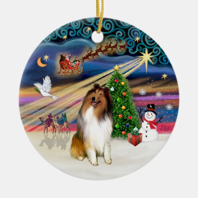 Adorno De Cerámica Mágica de Navidad - Collie (blanco-estable) (Frente)