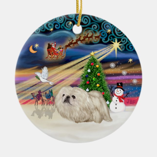 Adorno De Cerámica Mágica de Navidad - Pekingese (blanco) (Frente)