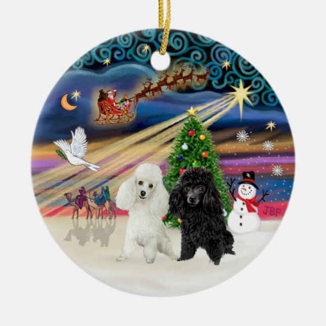 Adorno De Cerámica Mágica de navidad - Poodles (DOS juguetes-BW) (Frente)