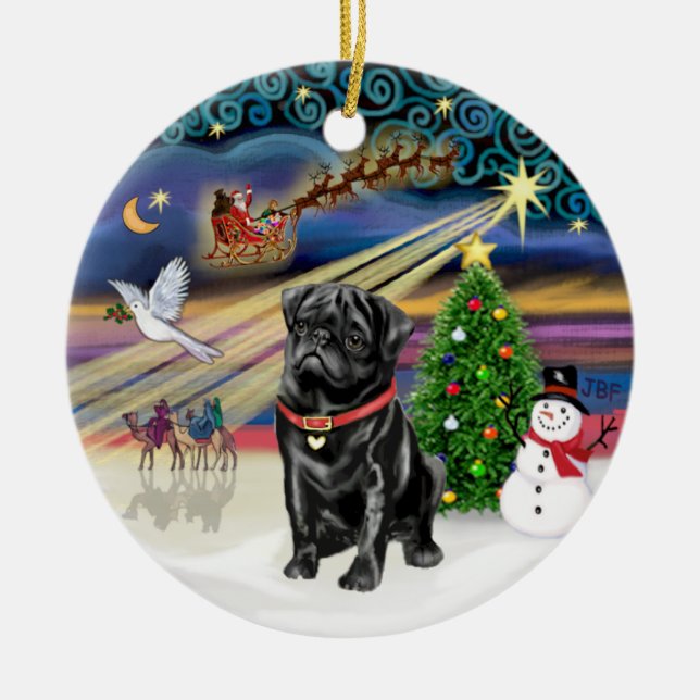 Adorno De Cerámica Mágica de Navidad - Pug negro (C2 rojo) (Frente)