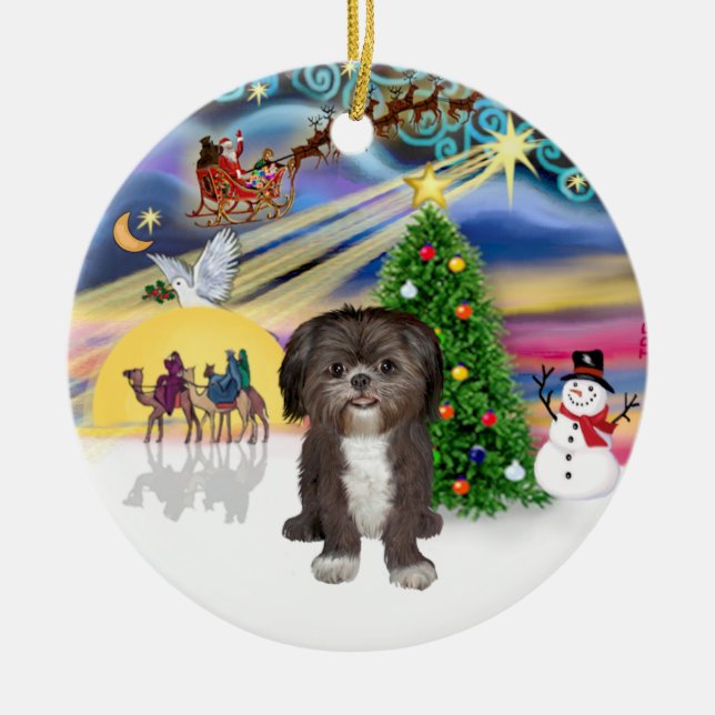 Adorno De Cerámica Mágica de Navidad - Shih Tzu (marrón/blanco) (Frente)