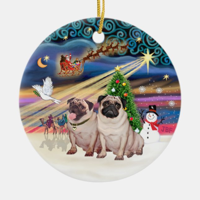 Adorno De Cerámica Mágica navideña - Pugs (Dos patas 2) (Frente)