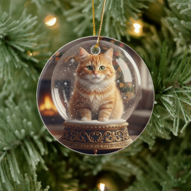 Adorno De Cerámica Magical Cat in Snow Globe Christmas Ornament (Árbol)