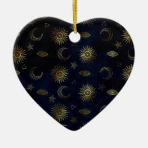 Adorno De Cerámica Magical Gold Moon Sun Stars Dark Blue