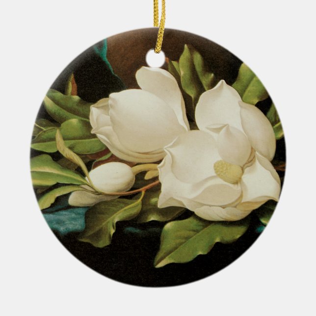 Adorno De Cerámica Magnolias gigantes sobre una tela de terciopelo az (Frente)