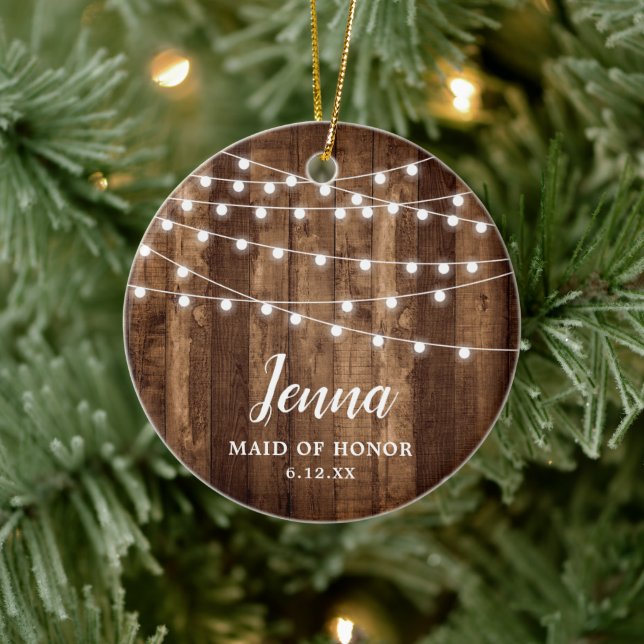 Adorno De Cerámica Maid Of Honor Personalized Woodgrain String Lights (Árbol)