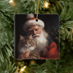 Adorno De Cerámica Maine Coon Con Santa Claus Festivo Navidad 