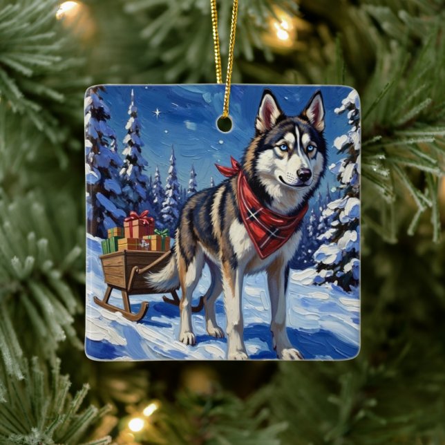 Adorno De Cerámica Majestic Siberian Husky Pulling Christmas Sled (Árbol)