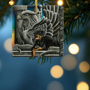Adorno De Cerámica Majestuosa Fantasía Oscura Rottweiler Gárgola Cast