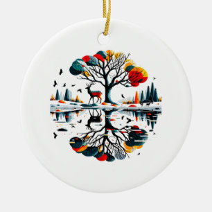 Adorno De Cerámica Majestuoso ciervo en bosque invernal nevado