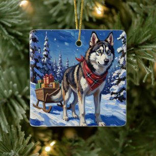 Adorno De Cerámica Majestuoso Husky Siberiano Tirando Trineo de Navid
