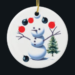 Adorno De Cerámica Malabarismos Navidades de nieve baubles<br><div class="desc">Incluso los hombres de nieve tienen talento; imagínense a un muñeco de nieve con brazos de ramas haciendo malabares con Navidades vibrantes,  tratando de no permitir ninguna caída. Es una decoración alegre y encantadora para tu árbol de Navidad.</div>