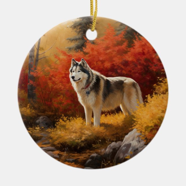 Adorno De Cerámica Malamute de Alaska en hojas de otoño se inspira (Frente)