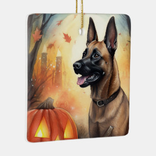 Adorno De Cerámica Malinoi belga de Halloween con calabazas temerosas