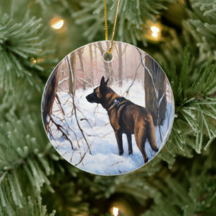 Adorno De Cerámica Malinois Belga Deja que nieve Navidad