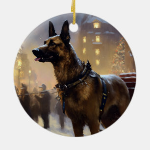 Adorno De Cerámica Malinois Belga Temporada Navideña Festiva