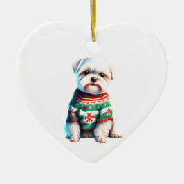 Adorno De Cerámica Maltés personalizado en suéter Navidad