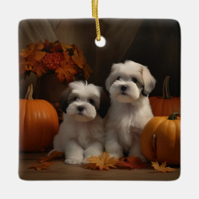 Adorno De Cerámica Malti tzu Puppy Calabaza deslumbrante de otoño (Anverso)