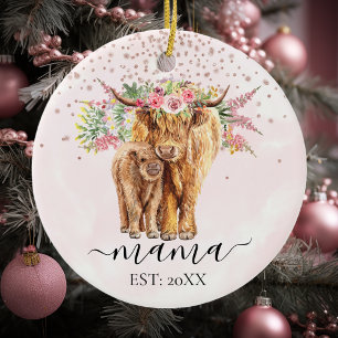 Adorno De Cerámica Mamá Rosa Ternera Vaca Highland Madre