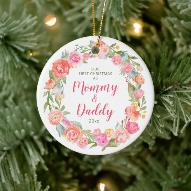 Adorno De Cerámica Mamá y papá primer Navidades Floral personalizada (Árbol)
